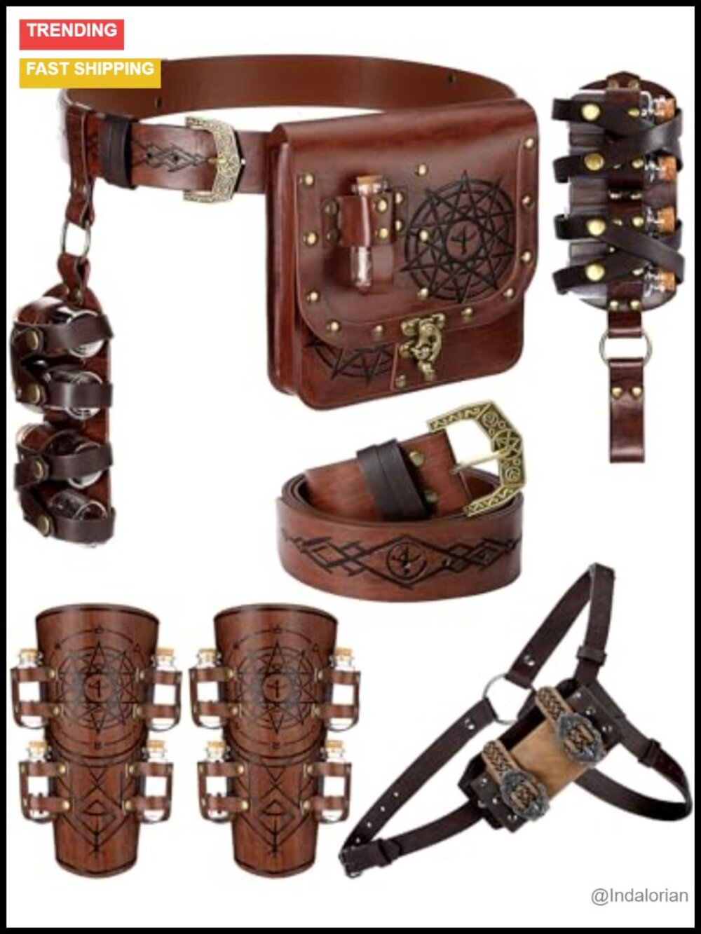 Medieval Fantasy Belt Set Embossed PU Leather Pouch Wrist Guard